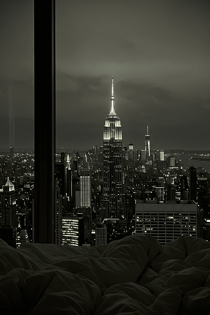 Apartment bedroom with New York City skyline view